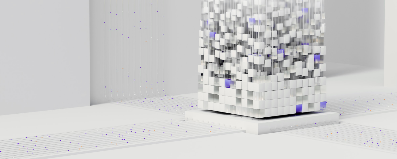 White cube with individual cube particles that thin out towards the top.