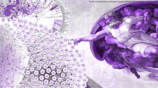 DDepiction of a knowledge graph with an angel on the right of the picture holding his finger to the knowledge graph (Michelangelo association).
